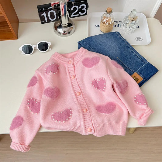 Baby / Toddler Long Sleeve Pearl Print Heart Pink Sweater