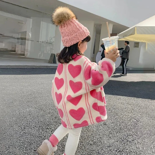 Baby / Toddler Jacket Faux Fur Velvet Pink Heart Print 2-7Y
