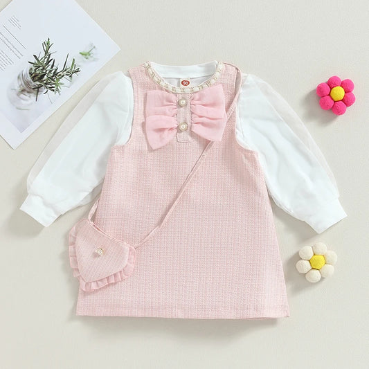Baby / Toddler 3 Pieces White Mesh Long Sleeve Patchwork Tops Pink Bow Decor A-line Dress Crossbody Heart Bag Sets